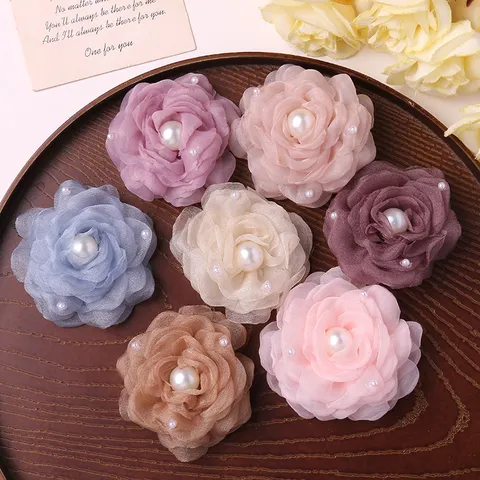 Burned Edge Mesh Camellia Flower Hair Clip Apparel Craft DIY Accessory Artificial Pearl Floral Decoration