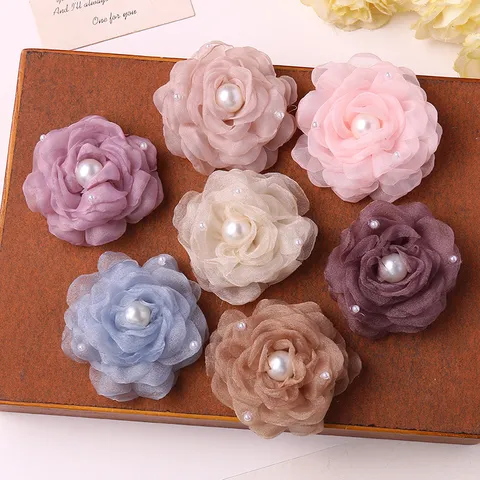 Burned Edge Mesh Camellia Flower Hair Clip Apparel Craft DIY Accessory Artificial Pearl Floral Decoration