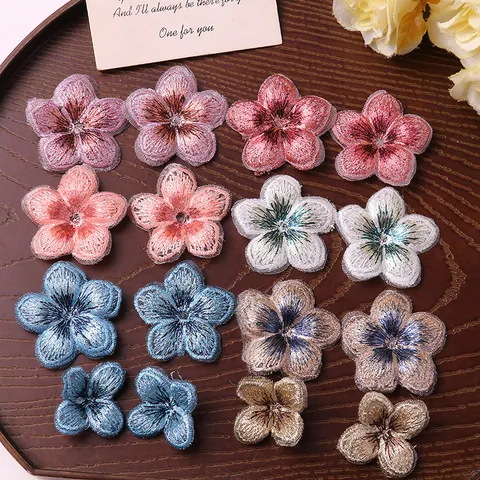 Chinese Style Retro Gradient Five Petal Flower Embroidery Patch DIY Hand Sewing Mesh Clothing Accessory Craft