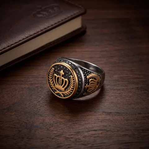 Anello a Fascia da Uomo Bicolore in Acciaio Inossidabile 304 Vintage Invecchiato a Forma di Corona Spiga di Grano Con Strass Gioielli