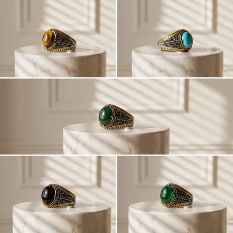 Vintage Distressed 304 Stainless Steel Wide Band Ring For Men Ethnic Style Twisted Rope Oval Cabochon Rhinestone Inlaid Statement Finger Ring