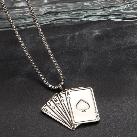 304 Stainless Steel Spade Royal Flush Poker Cards Pendant Necklace For Men Cool Street Style Box Chain Necklace Jewelry Gift