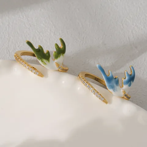 Gold Plated 304 Stainless Steel Antler Open Ring Rhinestone Inlaid Enamel Adjustable Finger Ring For Women Jewelry Gift