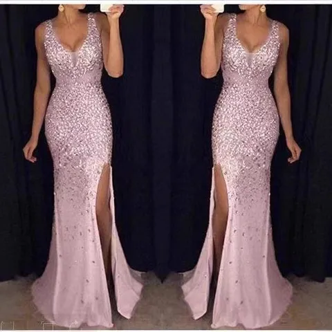 Women V Neck Sleeveless High Slit Bronzing Evening Gown Polyester Sequin Maxi Dress Elegant Formal Banquet Party Dress