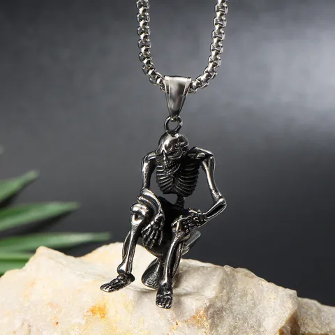 Punk Dark 3D Thinking Skull Skulptur Anhänger Halskette Für Herren Edelstahl Retro Distressed Kette Hip Hop Gothic Schmuck