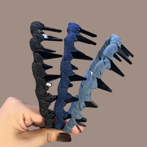 Denim Fabric Wrapped Comb Teeth Headband High Top Hair Hoop Non-Slip Plastic Resin Hair Clip For Women Daily Accessories