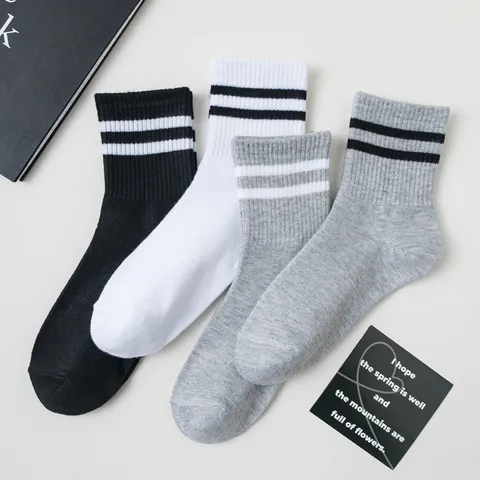 Unisex Striped Crew Socks Classic Double Bar Preppy Style Breathable Polyester Casual Athletic Sports Socks Men Women