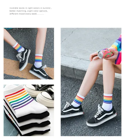 Calzini Crew Casual da Donna Streetwear Giapponese A Righe Arcobaleno Cotone Calzini Lunghi Primavera Estate Moda