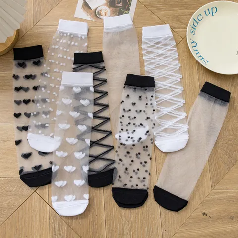 Calze Sottili in Seta di Vetro da Donna Giapponesi JK Dolci Pois Cuore Trasparente Cristallo Calze alla Moda