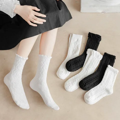 Donne Lolita JK Uniforme Carino Volant Pizzo A Metà Polpaccio Impilati Misto Cotone Calze Dolce Quotidiano Casual Moda Hosiery