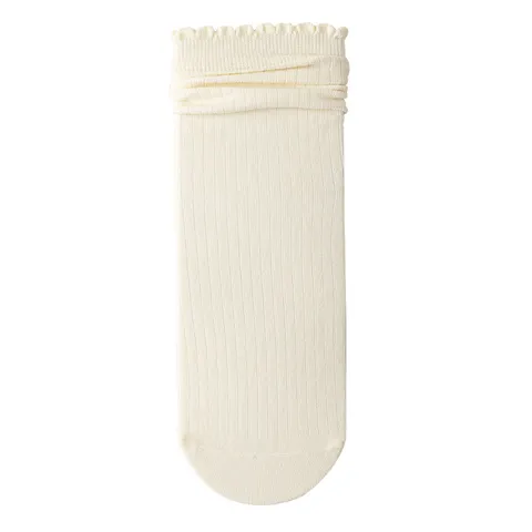 Calze a Tubo Medio Tinta Unita con Righe Verticali e Bordo Lattuga da Donna Stile Giapponese JK Calze di Cotone