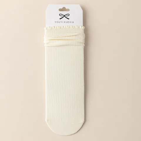 Calze a Tubo Medio Tinta Unita con Righe Verticali e Bordo Lattuga da Donna Stile Giapponese JK Calze di Cotone