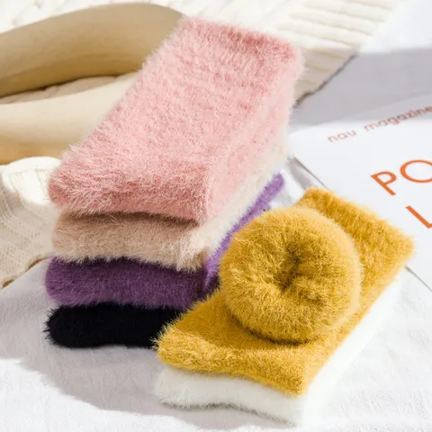 Women Winter Thickened Warm Mink Fleece Mid Calf Socks Solid Color Home Floor Sleep Thermal Socks Cozy Hosiery