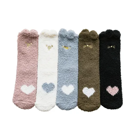 Calze da Casa Calde in Pile Corallo Spessorato Invernale da Donna Ricamo Orecchie di Gatto Calze da Notte Antiscivolo