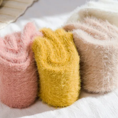 Women Winter Thickened Warm Mink Fleece Mid Calf Socks Solid Color Home Floor Sleep Thermal Socks Cozy Hosiery