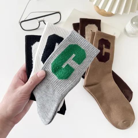 Calzini a Mezza Gamba Sportivi in Cotone Casual da Donna Tinta Unita Ricamo Lettere Tubo Alto