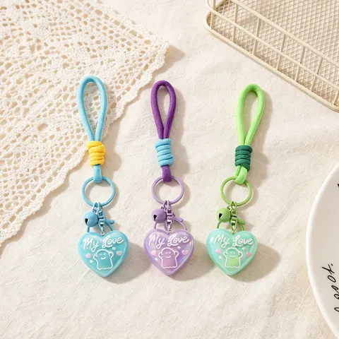 Creative Acrylic Heart Keychain With Bell And Ghost Pattern For Women Bag Hanging Charm Valentine Day Gift Accessory