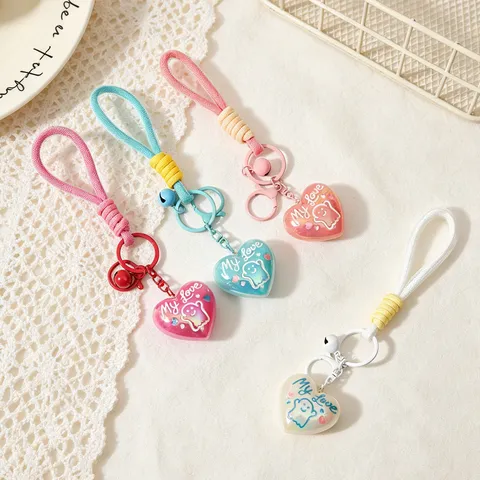 Creative Acrylic Heart Keychain With Bell And Ghost Pattern For Women Bag Hanging Charm Valentine Day Gift Accessory