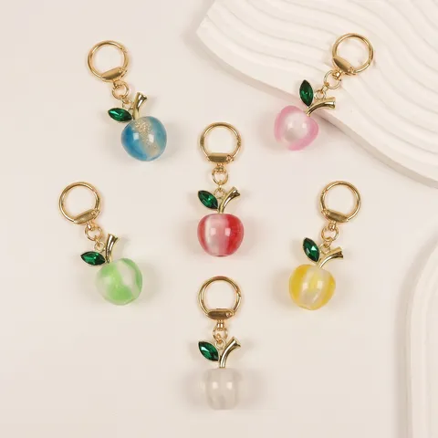 Glitter Apple Keychain Fashion Acrylic Electroplated Bag Charm With Rhinestone Leaf Cute Fruit Pendant Jewelry Gift Women