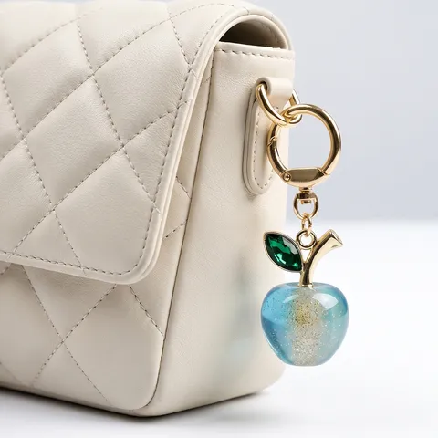 Glitter Apple Keychain Fashion Acrylic Electroplated Bag Charm With Rhinestone Leaf Cute Fruit Pendant Jewelry Gift Women