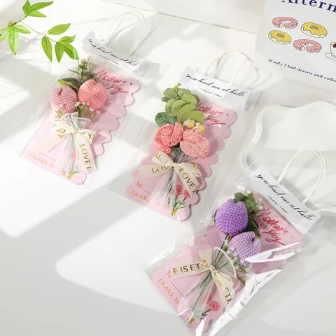 Bouquet de Fleurs Tricoté à la Main Fête des Mères Crochet Oeillet Tulipe Carte de Voeux Sac Cadeau Souvenir