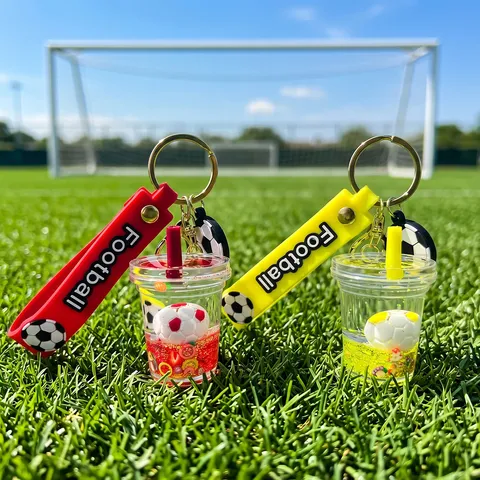 Cute Acrylic Milk Tea Cup Football Quicksand Liquid Keychain For World Cup Souvenir Gift Silicone Strap Bag Charm Key Ring For Party