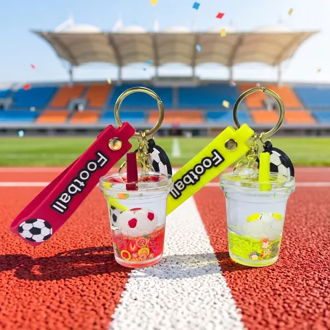 Cute Acrylic Milk Tea Cup Football Quicksand Liquid Keychain For World Cup Souvenir Gift Silicone Strap Bag Charm Key Ring For Party