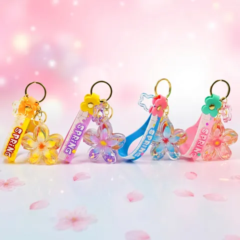 Süße Sakura Flüssigkeit Treibsand Schlüsselanhänger Acryl Kirschblüte Schwimmende Flasche Tasche Anhänger Auto Schlüsselring Für Damen Mädchen Geschenk