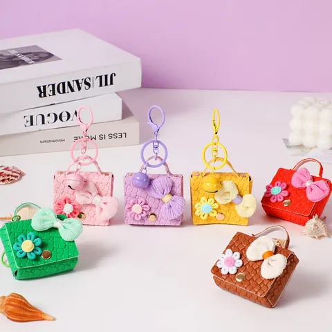 Cute Creative DIY Leather Mini Bag Keychain Woven Texture Bag Charm With Bowknot Flower Metal Bell For Schoolbag Women Gift