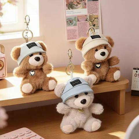 Cute Scented Bear Plush Keychain Creative Bag Pendant Cartoon Soft Doll Keyring With Bucket Hat And Heart Metal Charm Gift
