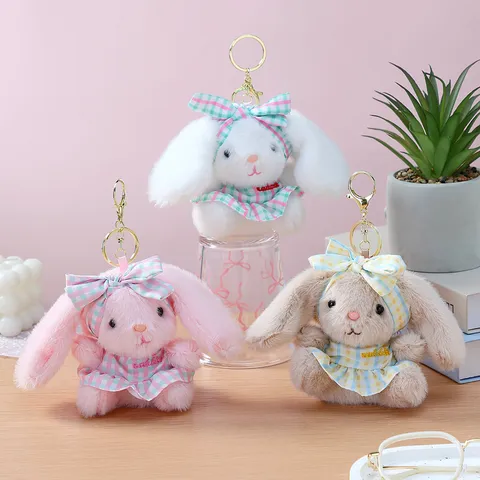 Cute Plush Rabbit Keychain Pendant Plaid Dress Bow Bunny Doll Bag Hanging Ornament Key Ring Gift For Kids Girls