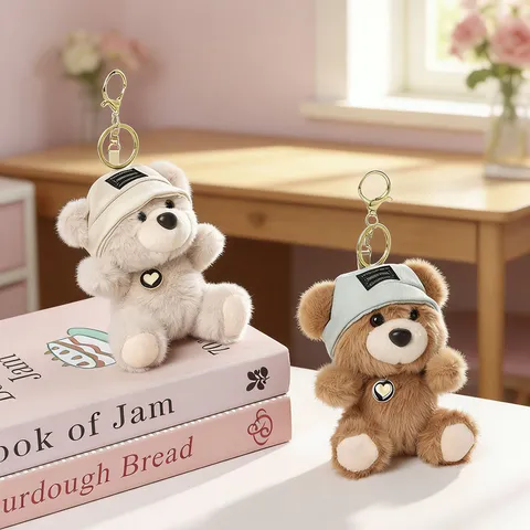Cute Scented Bear Plush Keychain Creative Bag Pendant Cartoon Soft Doll Keyring With Bucket Hat And Heart Metal Charm Gift