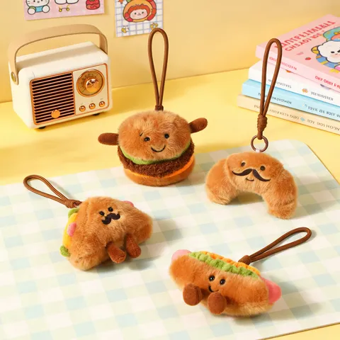 Cute Plush Food Afternoon Tea Keychain Pendant Funny Cartoon Hamburger Sandwich Hotdog Croissant Bag Hanging Decorative Ornament Jewelry Gift
