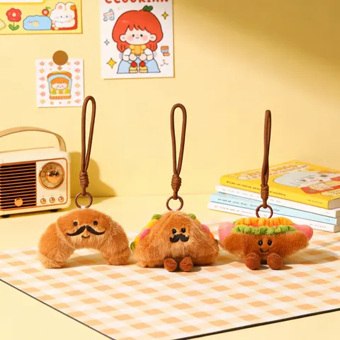 Cute Plush Food Afternoon Tea Keychain Pendant Funny Cartoon Hamburger Sandwich Hotdog Croissant Bag Hanging Decorative Ornament Jewelry Gift
