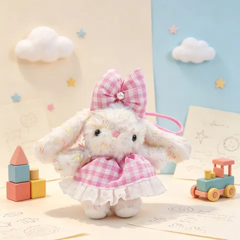 Original Plaid Floral Dress Rabbit Plush Doll Keychain Ins Style Cute Stuffed Animal Bag Charm Cartoon Toy For Girls Women Gift
