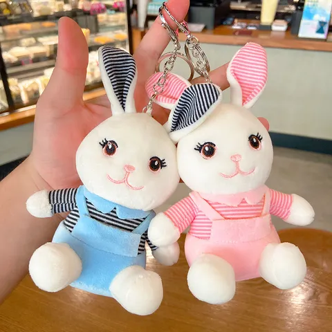 Cartoon Pluche Konijn Sleutelhanger Gestreepte Overall Knuffeldier Pop Auto Sleutelring Tas Hanger Schattig Ornament Voor Koppels