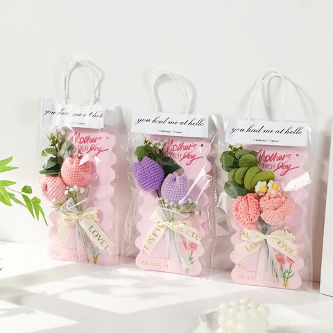 Mother's Day Handmade Knitted Flower Bouquet Crochet Carnation Tulip Greeting Card Gift Bag Souvenir For Mom