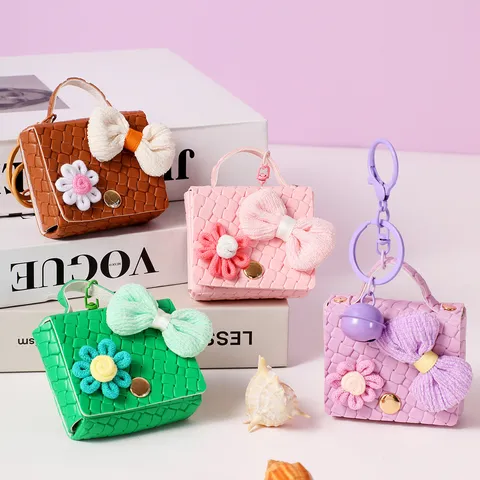 Cute Creative DIY Leather Mini Bag Keychain Woven Texture Bag Charm With Bowknot Flower Metal Bell For Schoolbag Women Gift