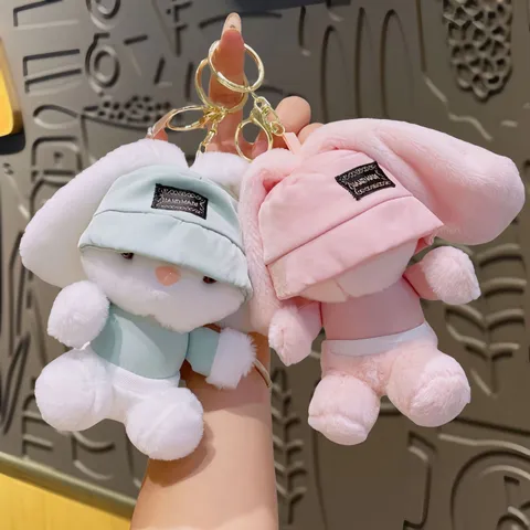 Süßer Plüsch Kaninchen Schlüsselanhänger Cartoon Hase Taschenanhänger Mit Fischerhut Weiche Plüschpuppe Ring Geschenk Für Frauen Kinder