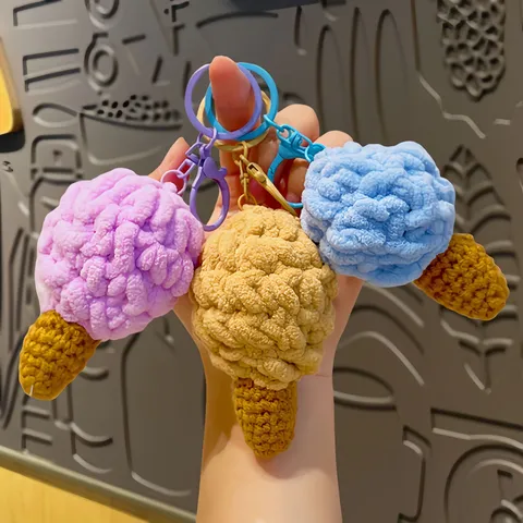 Handmade Crochet Ice Cream Cone Keychain Cute Woolen Yarn Bag Pendant Simulation Food Dessert Key Ring Gift For Women Kids