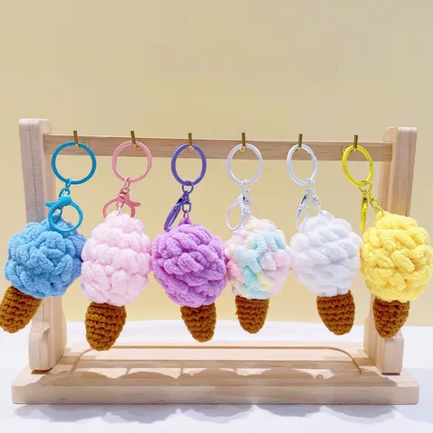 Handmade Crochet Ice Cream Cone Keychain Cute Woolen Yarn Bag Pendant Simulation Food Dessert Key Ring Gift For Women Kids