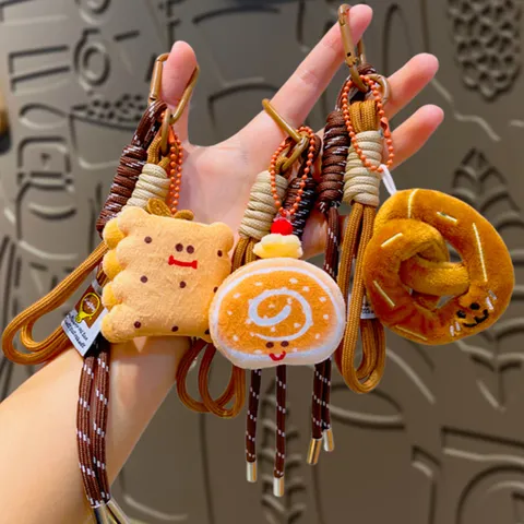 Creative Food Series Plush Keychain Bread Burger Croissant Cookie Tomato Pendant Woven Rope Bag Charm Gift For Women Girls