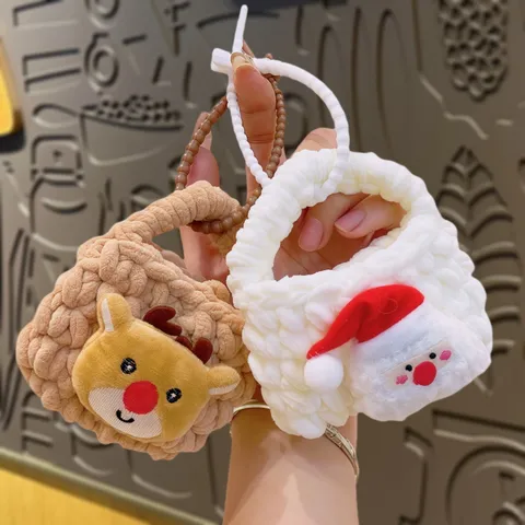 Handmade Knitted Christmas Mini Coin Purse Cute Cartoon Reindeer Santa Claus Snowman Keychain Pendant Creative Storage Bag Holiday Gift