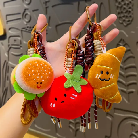 Creative Food Series Plush Keychain Bread Burger Croissant Cookie Tomato Pendant Woven Rope Bag Charm Gift For Women Girls