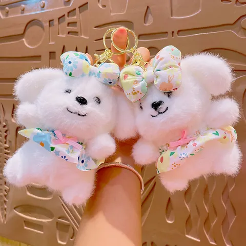 Porte-clés Chien avec Robe Florale Peluche Jouet Poupée Charme de Sac pour Femmes Filles Cadeau Décoration de Chiot Doux