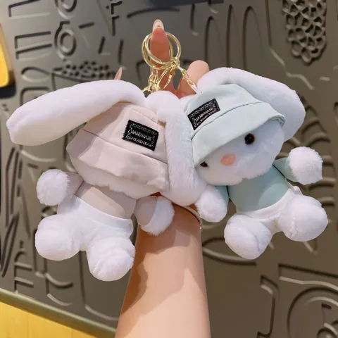 Süßer Plüsch Kaninchen Schlüsselanhänger Cartoon Hase Taschenanhänger Mit Fischerhut Weiche Plüschpuppe Ring Geschenk Für Frauen Kinder
