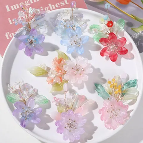 Pinza de Pelo de Flor con Cuentas de Vidrio Hecha a Mano Hanfu Accesorio DIY Horquilla Floral de Cristal Joyería para Mujeres