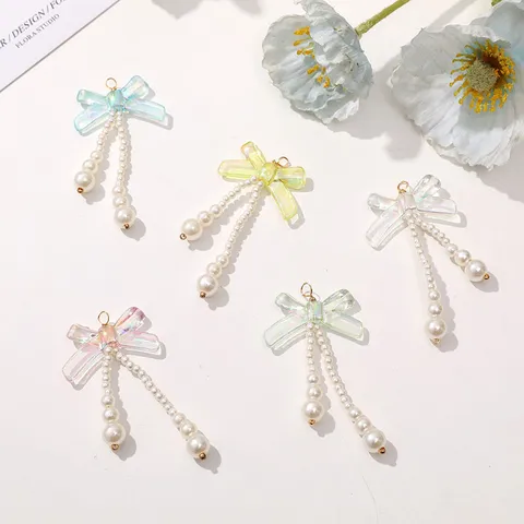 Moda Mujer Largo Perla Artificial Colgante Lazo Iridiscente Hecho A Mano Cuentas Pendiente Horquilla Accesorios DIY Joyería Regalo
