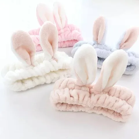 Cute Plush Rabbit Ear Headband Soft Coral Fleece Face Washing Hair Band Makeup Spa Headwear For Women