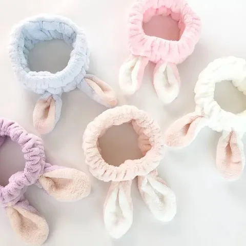 Cute Plush Rabbit Ear Headband Soft Coral Fleece Face Washing Hair Band Makeup Spa Headwear For Women